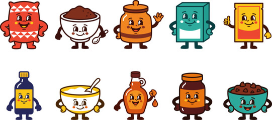 Fototapeta premium Cartoon food and drink characters with smiling faces and anthropomorphic features