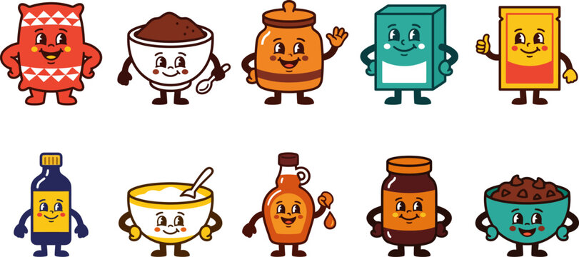 Cartoon food and drink characters with smiling faces and anthropomorphic features
