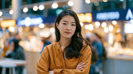 Obraz premium Crowded urban food hall where woman pauses alone surrounded by fast food stalls, overwhelmed expression amid competing food choices, appetite regulation struggle in public space for behavioral nutri