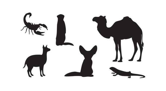 Desert animal silhouettes collection featuring camel meerkat scorpion fennec fox lizard and gazelle for nature design needs.