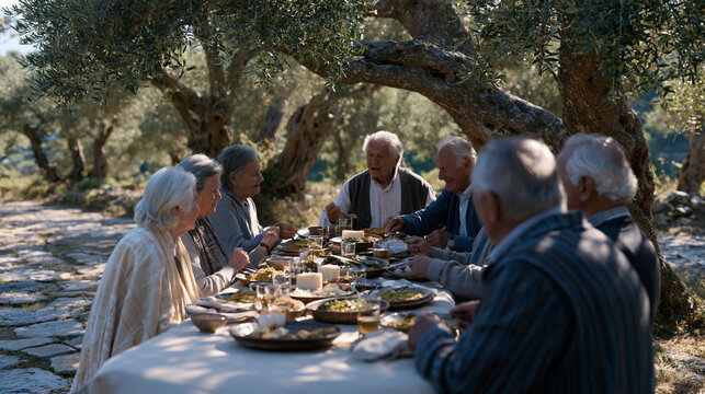 Sardinian centenarians gathered around an outdoor table for a communal afternoon meal featuring fava beans, pecorino, and seasonal vegetables, blue zones longevity diet ritual with laughter mid-conv