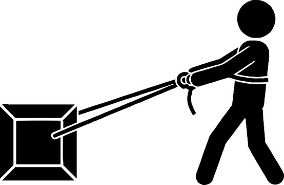 Worker pulling heavy square container with rope