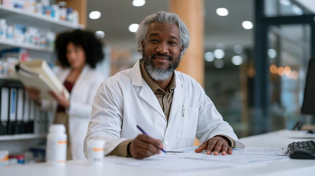 Senior pharmacist conducts an on-site audit inspection at an independent retail pharmacy, reviewing dispensing logs and controlled substance records spread across the consultation counter while a ju