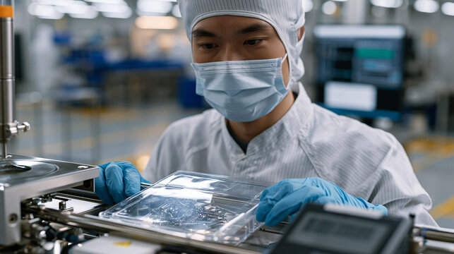 Sterile cleanroom operator sealing a tray of orthopedic screws inside a medical-grade packaging station, bar code scanner logging each unit to a traceability system, floor markings indicating contam