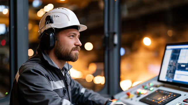 Steel mill roller operator in a hardhat controlling a continuous casting machine from a glass-enclosed pulpit above the production floor, glowing billets emerging from the cooling section, steam ris