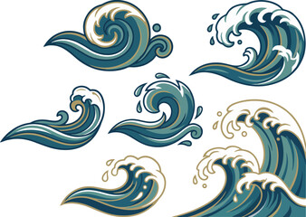 Fototapeta premium Set of stylized ocean wave illustrations featuring dynamic blue water splashes and swirling liquid forms for creative graphic design projects