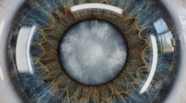 Extreme close up of a blue and brown human iris with a cloudy pupil reflecting light