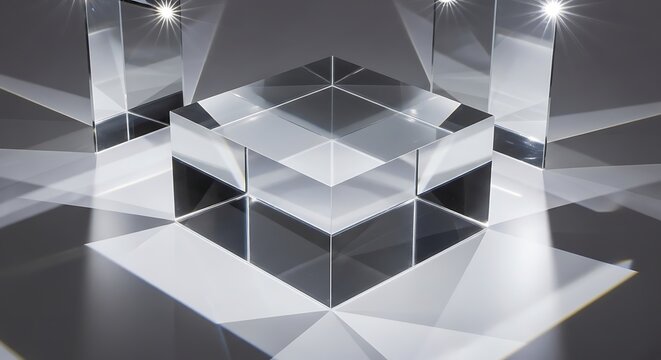 Geometric shapes, 3D cubes, reflective surfaces, metallic, modern architecture