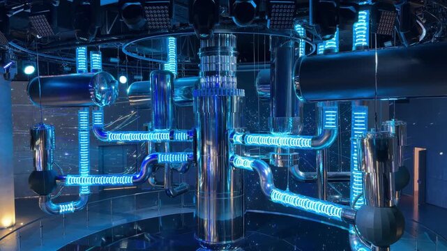 Water-to-water power reactor setup featuring interconnected pipes and glowing elements in a sleek, high-tech interior space