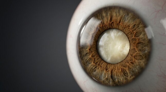 Extreme close up of a human eyeball showing detailed iris pupil and sclera with blood vessels