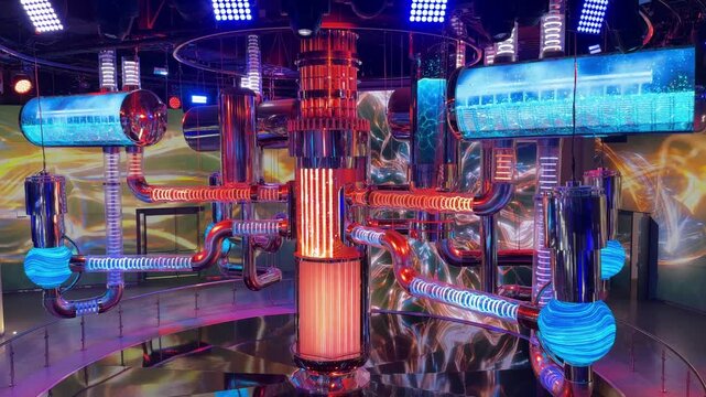Water-to-water power reactor features illuminated pipes and screens, displaying dynamic visuals in a high-tech environment with vibrant colors
