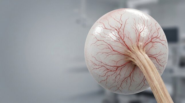 Close up of a stylized human eyeball with visible blood vessels and optic nerve