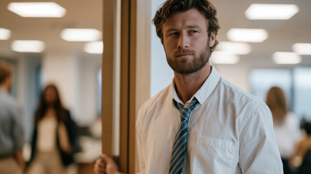 Young man in business casual attire standing frozen near the entrance of a busy open-plan office, hand gripping a doorframe, visible signs of an oncoming panic attack, colleagues walking past unawar