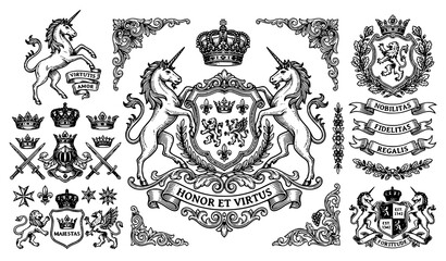 Heraldic Unicorn Design Elements Vector Set with Medieval Crest and Royal Emblems