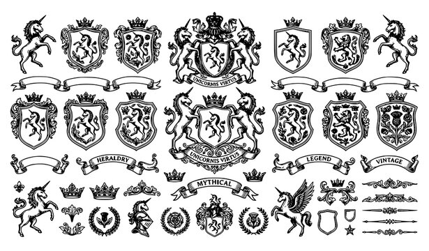 Vintage Heraldic Unicorn Vector Set with Editable Crest and Decorative Elements
