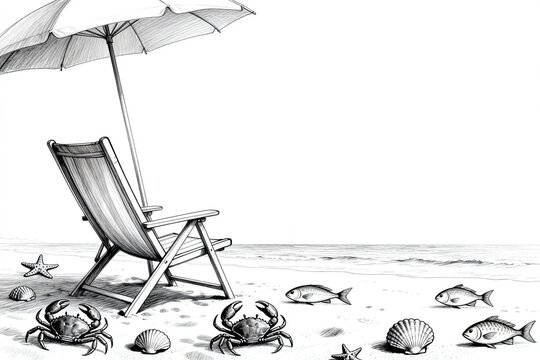 Beach chair umbrella crabs shells
