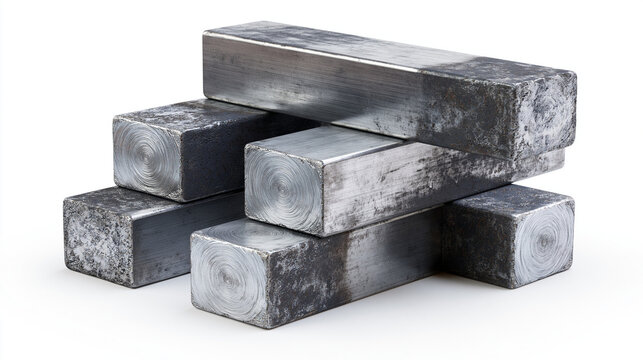 Steel billets are stacked neatly in a small pile on a clean white surface for industrial catalog.