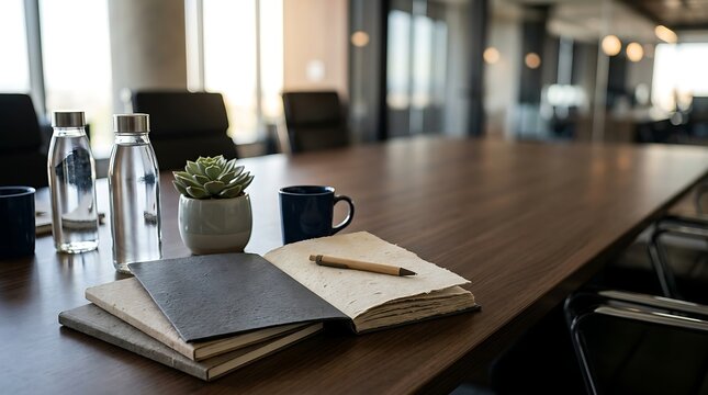 Modern office workspace setup with notebook and coffee on wooden table in natural light