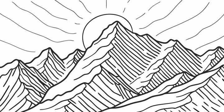 mountain range illustration with sun cross hatched line work on a white background