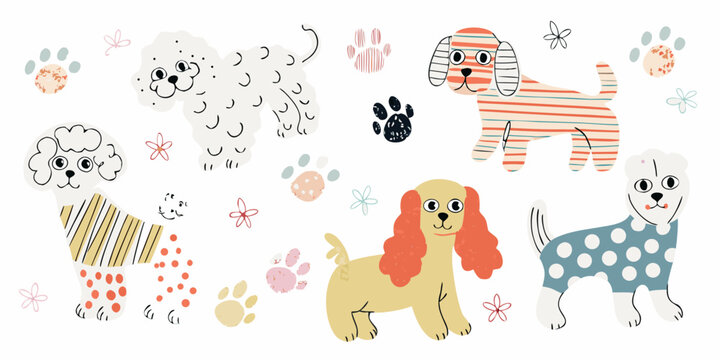 hand drawn dog breeds collection with poodle bulldog dachshund and paw prints illustration