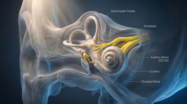 Detailed 3D illustration of the human inner ear showing cochlea semicircular canals vestibular system and auditory nerve