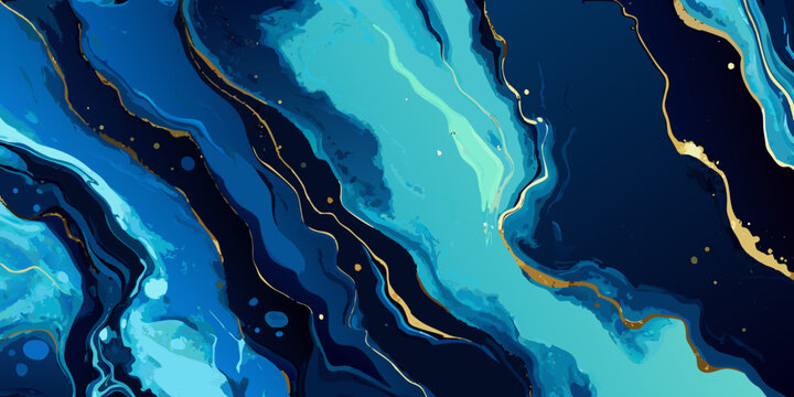 Abstract marble pattern with flowing blue and turquoise veins and gold accents