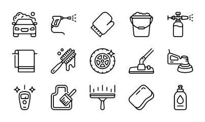 Car Wash Icons Set, Automotive Cleaning Tools Vector Graphics, Vehicle Detailing Equipment Collection © Sanim