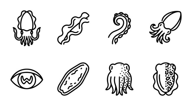 Marine Life Icons: Squid, Octopus Tentacles, Cuttlefish, Seaweed, Eye Vector Set