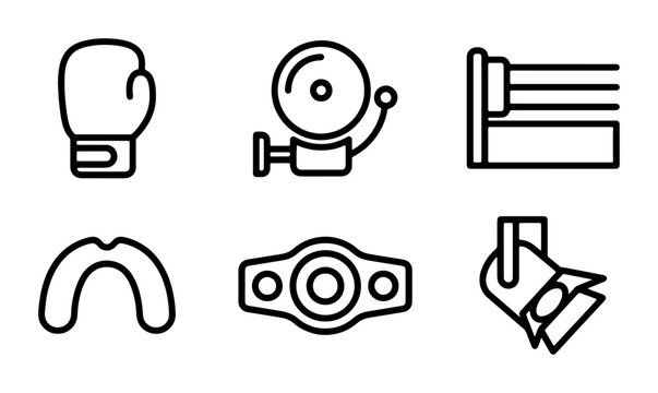 Boxing Icons Set: Glove, Bell, Ring, Mouthguard, Championship Belt, Spotlight Icons