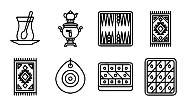 Azerbaijani Cultural Icons: Tea, Samovar, Rugs, Backgammon, Nazar, Baklava Vector Set