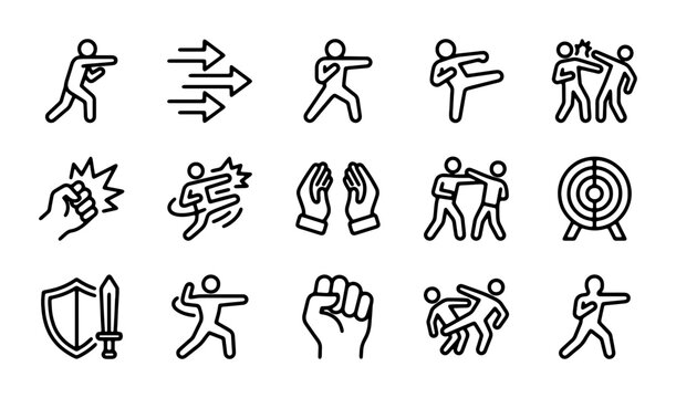 Martial Arts Icons, Combat Sports Symbols, Fighting Action Vector Graphics, Karate, Boxing, Taekwondo