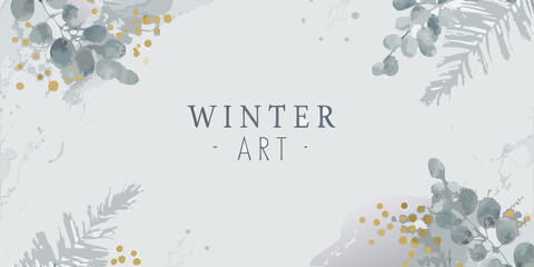 watercolor eucalyptus branches with gold accents on a light gray background © Milon