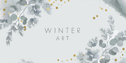 watercolor eucalyptus branches and leaves with gold splatter on a light gray background © Milon