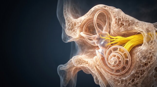 Detailed 3D render of the inner ear anatomy showing cochlea and auditory nerve