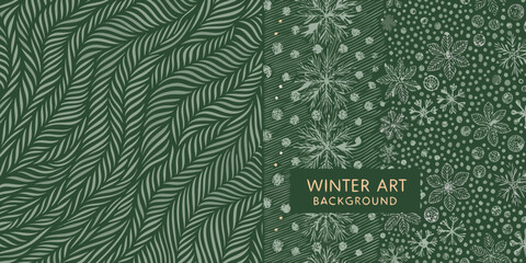 watercolor pine needle and snowflake pattern in muted teal and gray tones © Milon