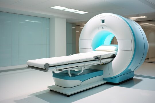 Empty gurney approaching illuminated mri machine in modern hospital room, representing medical imaging and healthcare technology