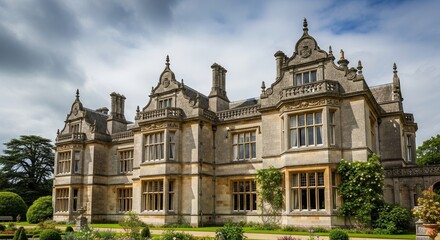 Fototapeta premium Stately manor house with intricate architecture and landscaped garden in front. Historical building features tall windows, decorative stonework, and unique gables.