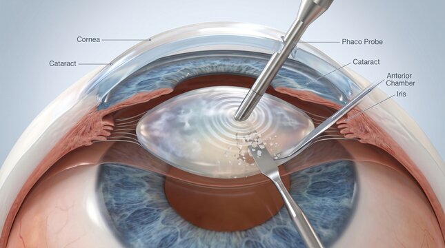 Close up illustration of phacoemulsification cataract surgery on the human eye