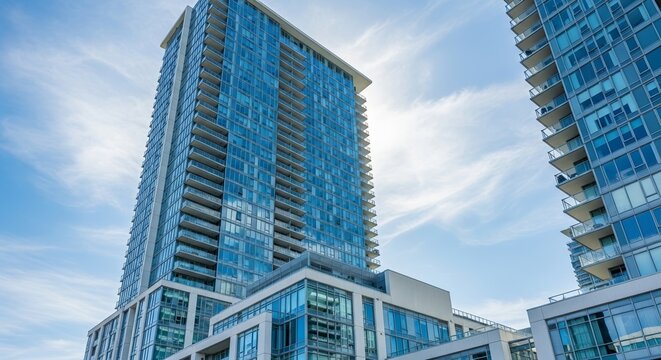 Modern high-rise condominium buildings under blue sky with clouds. Sleek glass architecture of high-rise condominium showcases urban living design and innovative construction.