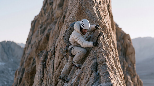 Ice climber traversing a mixed rock-and-ice pitch on a north-facing cliff, tools torquing in frozen cracks, crampons smearing on granite, technical mixed climbing M-grade alpine winter mountaineerin