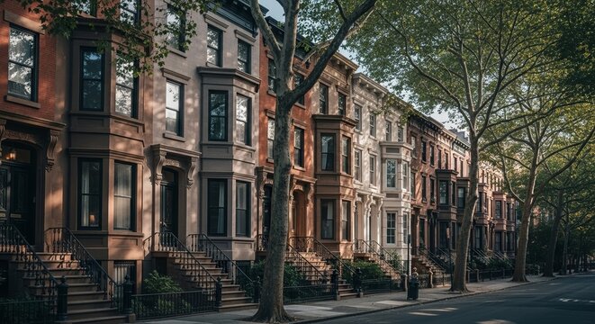 Suburban row house facade with brownstone architecture lined along quiet street. Beautiful row house design features large windows and distinct staircases under leafy trees.