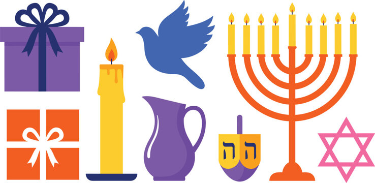 Collection of Hanukkah holiday symbols with menorah gifts and traditional Jewish celebration elements vector illustration set