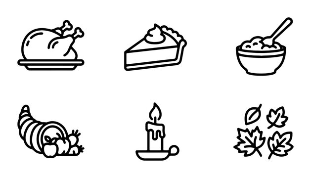 Thanksgiving Icons Set: Roasted Turkey, Pumpkin Pie, Mashed Potatoes, Cornucopia, Candle, Autumn Leaves