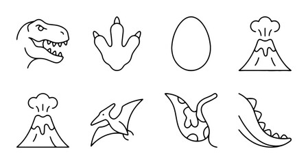 Dinosaur Icons Set: Tyrannosaurus Rex, Footprint, Egg, Volcano, Pterodactyl, Prehistoric Elements © Arafat