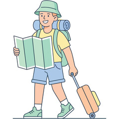 Traveler boy holding map pulling suitcase ready for adventure trip