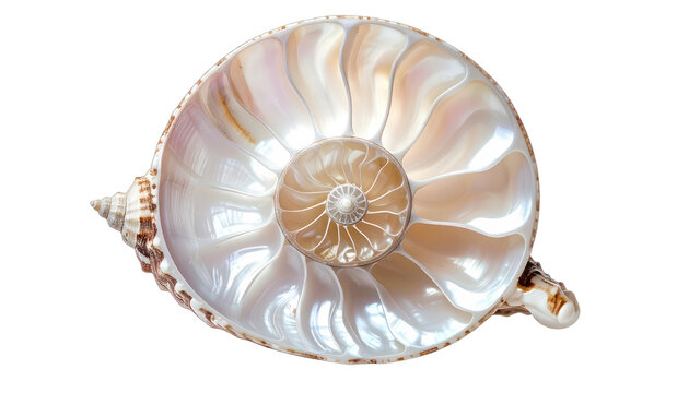 A detailed cross-section of a nautilus shell reveals its intricate chambers and pearlescent interior.
