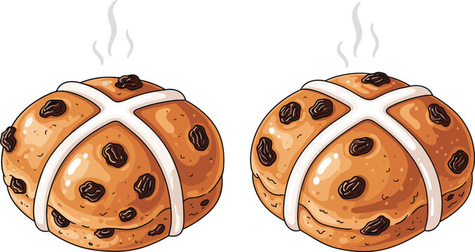 Traditional Easter Hot Cross Buns Vector Illustration with Raisins and Steam for Good Friday Festive Bakery Menus, Greeting Cards, and Food Styling
