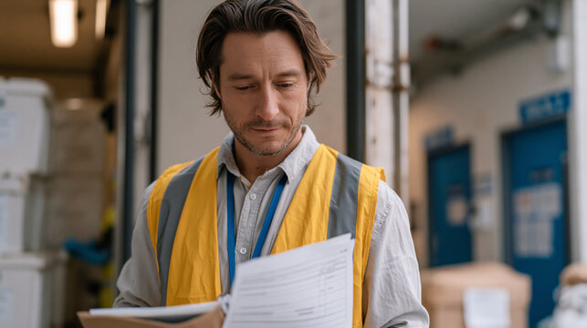 Cold chain operations manager reviewing manifest documents beside a refrigerated truck backed into a hospital loading bay, medical supply containers being offloaded by orderlies in gloves, clinical 