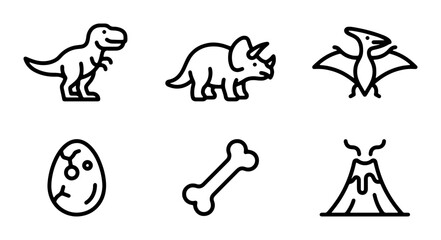 Dinosaur Icons Set: T-Rex, Triceratops, Pterodactyl, Egg, Bone, Volcano, Vector Graphics © Sajid