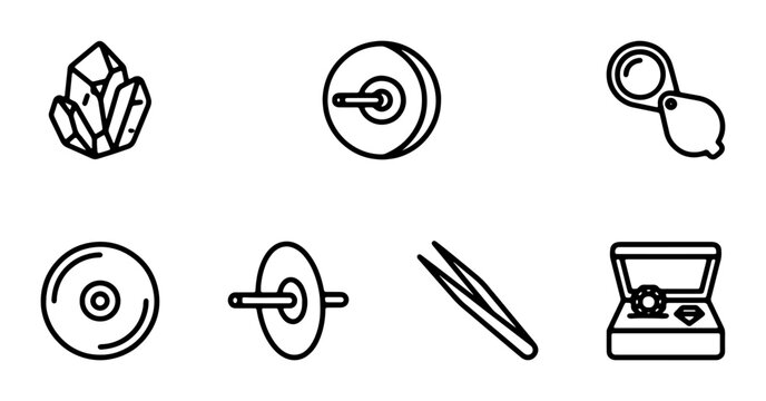 Gemstone Tools Icons: Jewelry Making, Crystal Appraisal, Diamond Loupe, Tweezers, Ring Box
